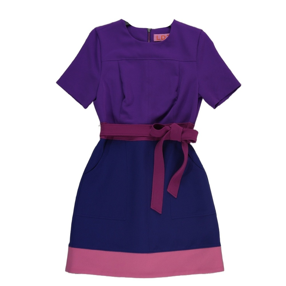 New LDT Colorblock Dress Women's Size 6 Purple Short Sleeve Waist Pockets Y2K